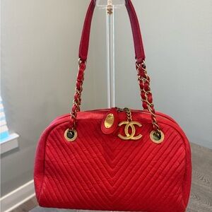 Authentic CHANEL Red Quilted Shoulder Bag with Gold Accents